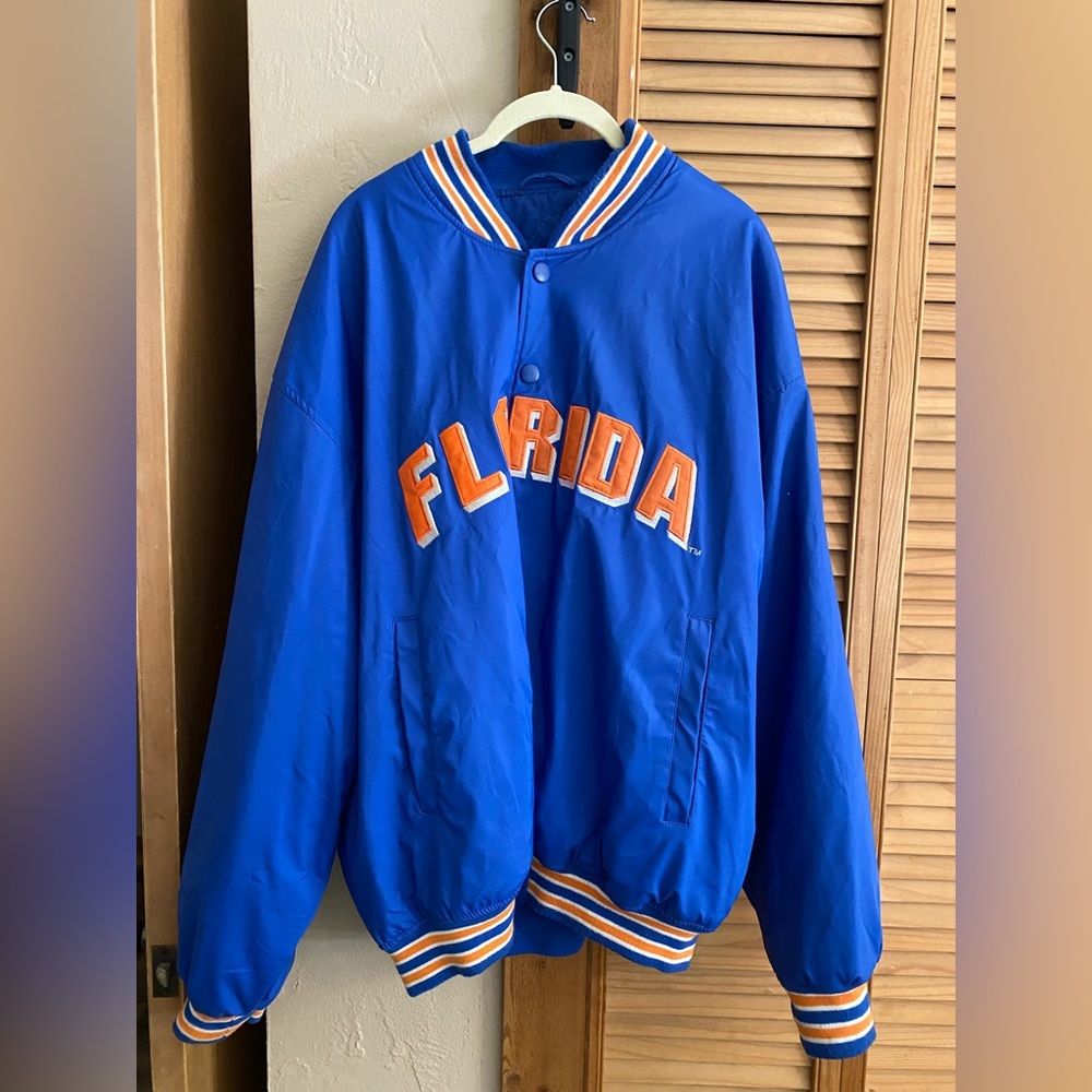 Vintage Florida Gators Satin Bomber Jacket XL Snap Steve & Barry's Blue Orange